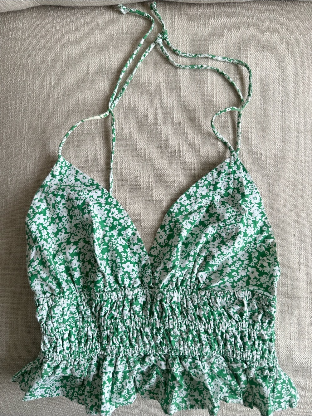 Green Floral Smocked Halter Crop Top (never worn)